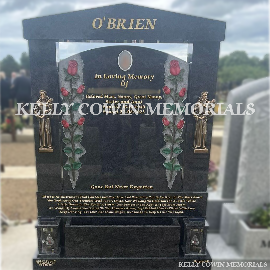 Blue Lagoon rose carved headstone with cap and pillars erected in Balgriffin Cemetery Dublin by Kelly Cowin Memorials