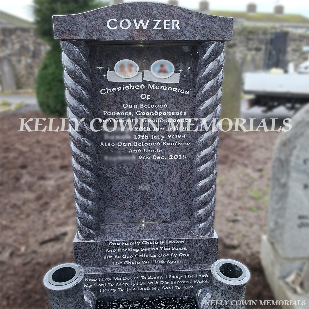 Blue Lagoon close up custom headstone with kerbing erected in Mount Jerome Cemetery Dublin by Kelly Cowin Memorials