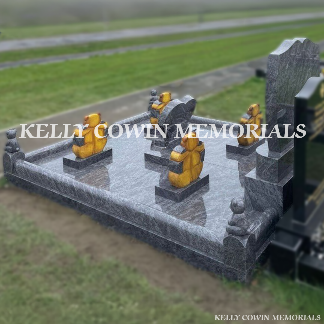 Back view of Blue Lagoon granite memorial installed by Kelly Cowin Memorials in a Dublin cemetery
