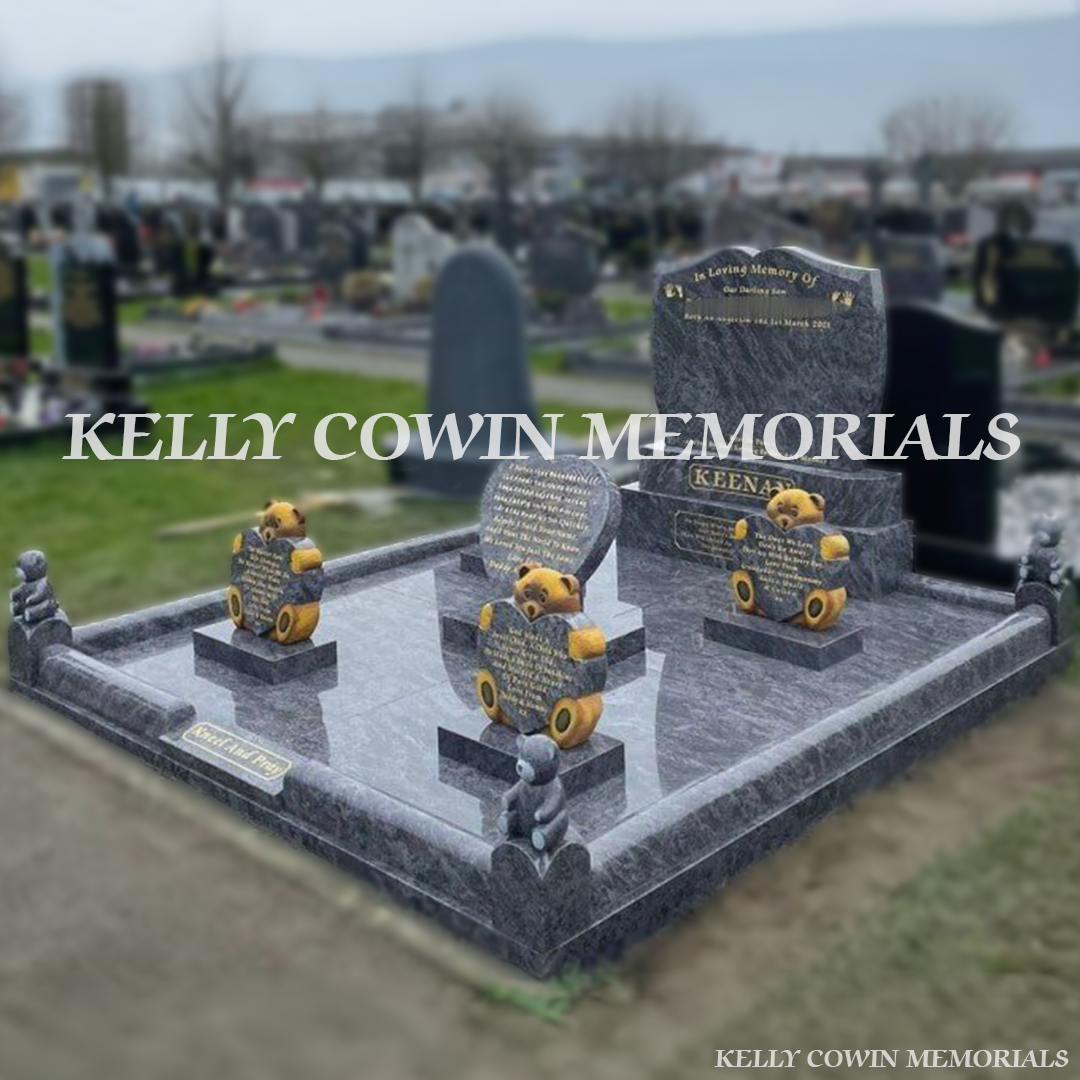 Front view of custom Blue Lagoon granite headstone with gold inscription in a Dublin cemetery