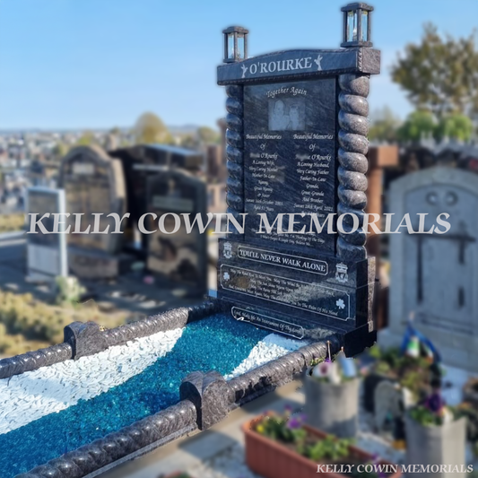 Side view of Blue Lagoon kerbed memorial with benches in Fingal Cemetery Dublin