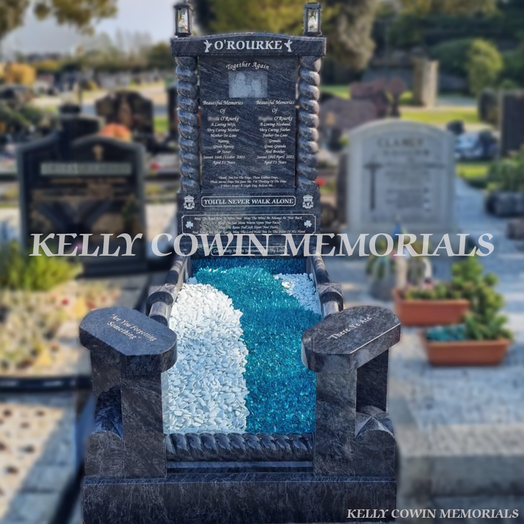 Blue Lagoon custom headstone with twisted pillars erected in Fingal Cemetery Dublin by Kelly Cowin Memorials