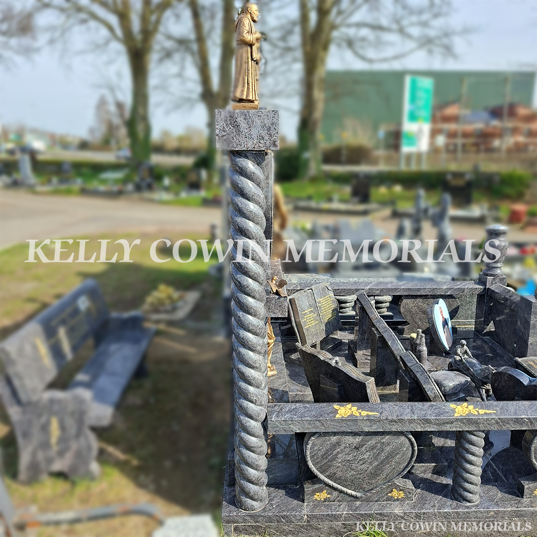 Side view of Blue Lagoon memorial with railings, pillars and granite flooring