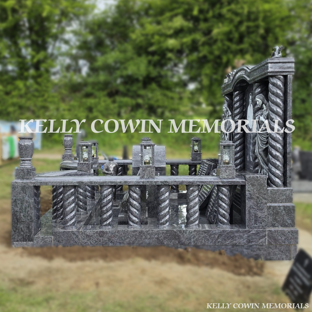 Side view of Blue Lagoon double plot memorial with kerbing, steps and lanterns