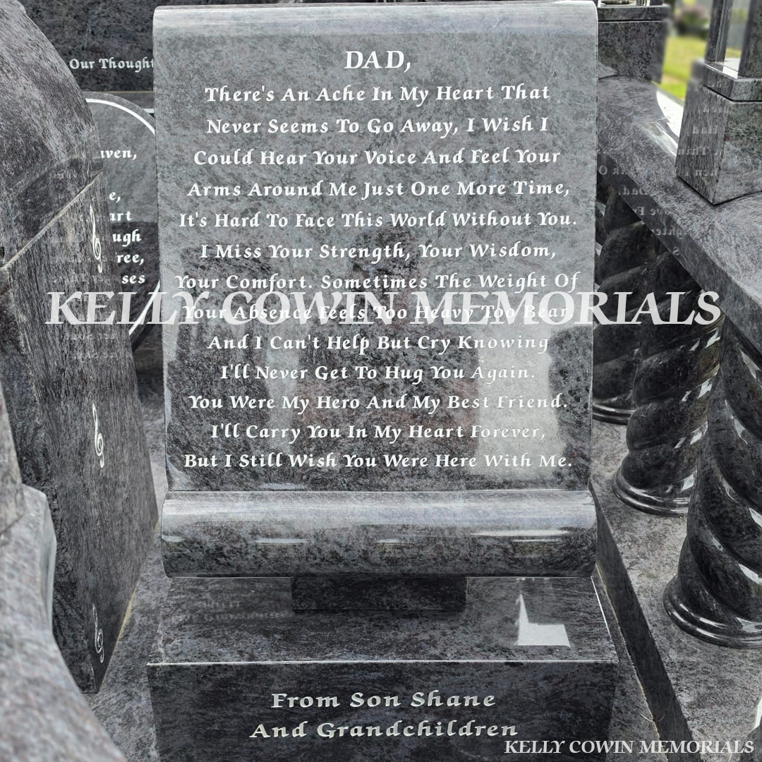 Close-up of large blue lagoon scroll accessory on Blue Lagoon headstone