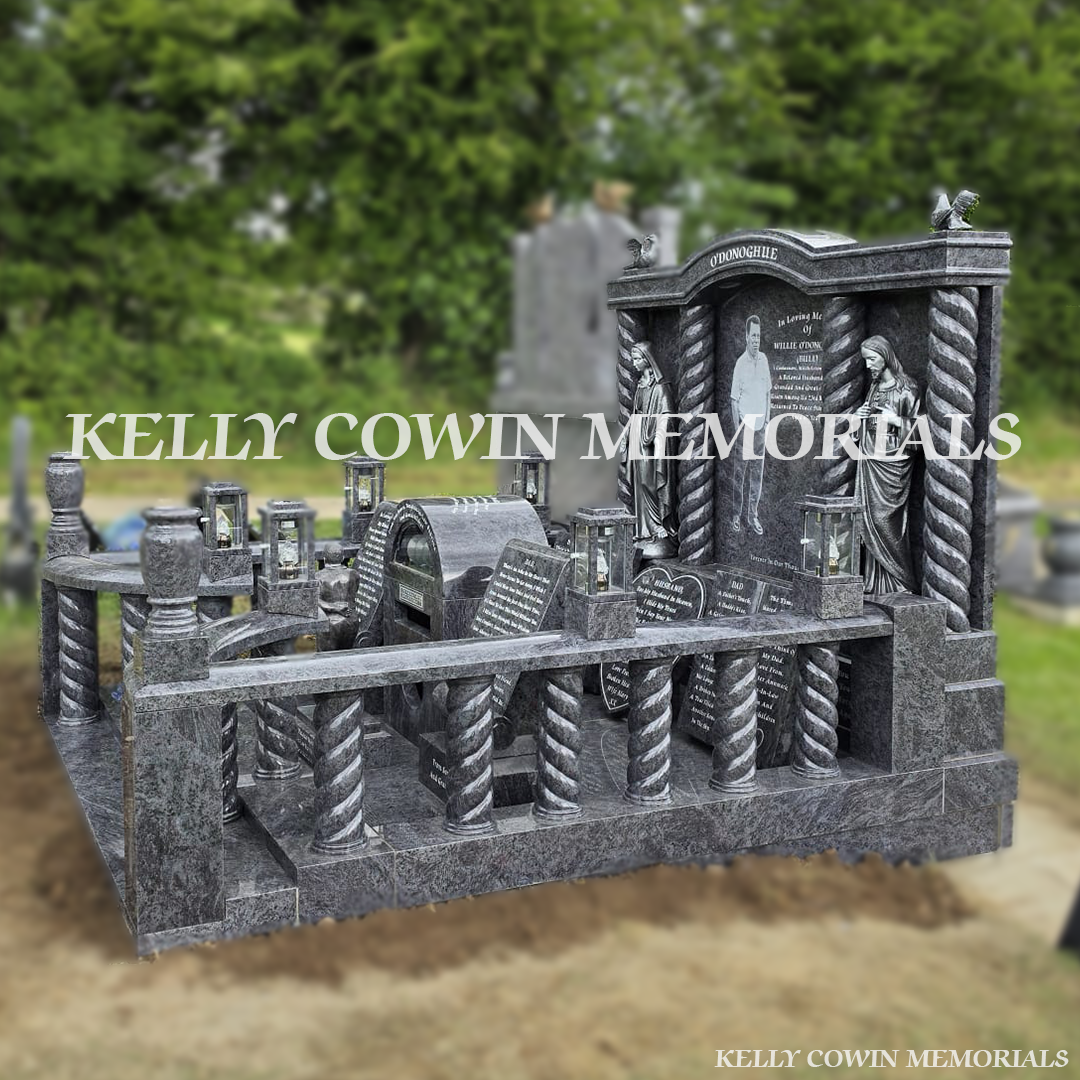 Side view of Blue Lagoon double plot memorial with kerbing, steps and lanterns
