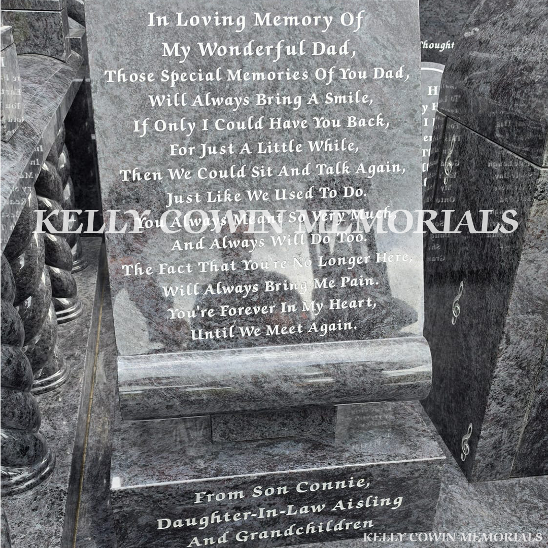 Close-up of large scroll plaque on Blue Lagoon headstone