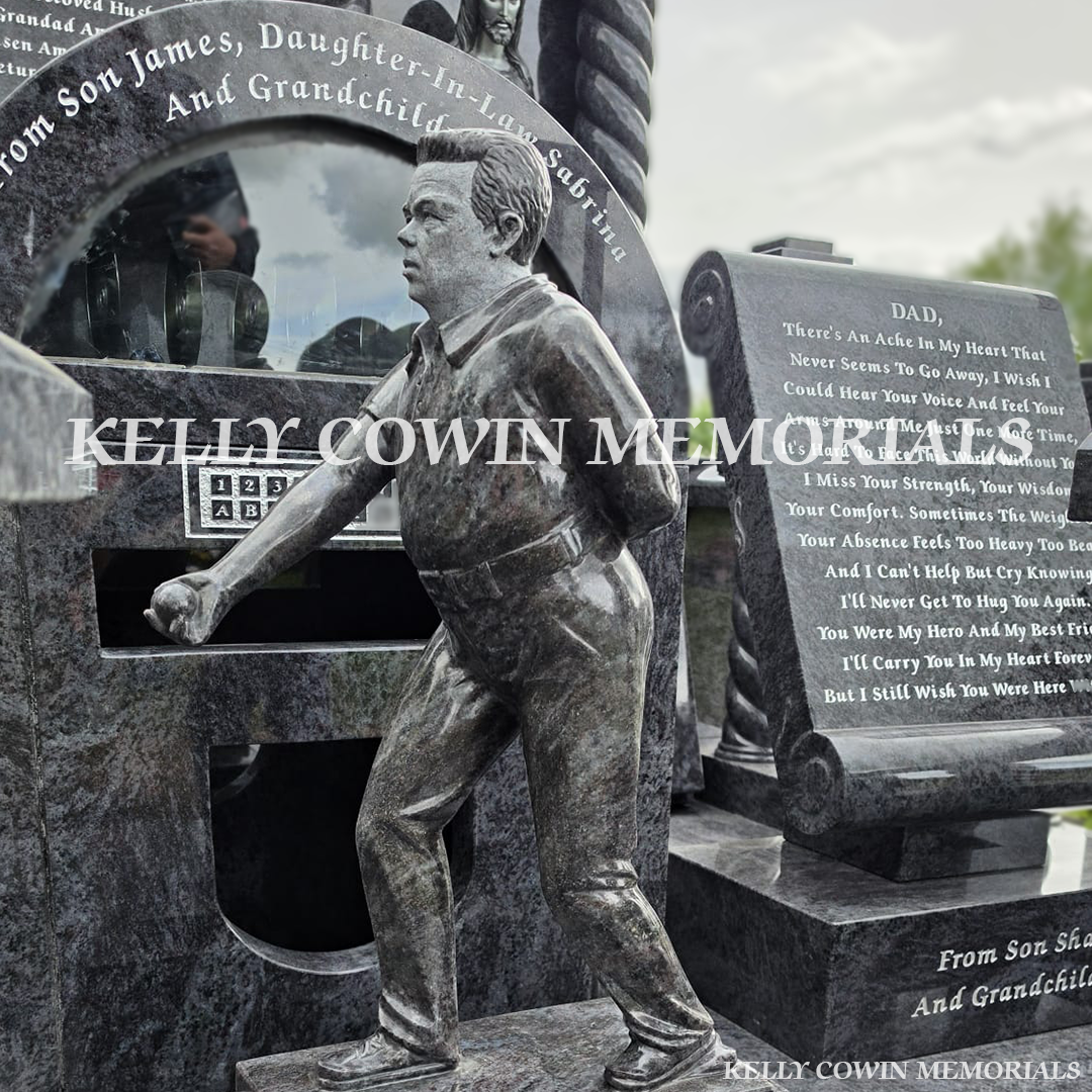 Close-up of custom made statue on Blue Lagoon headstone
