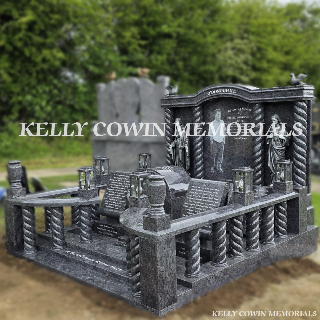Side view of Blue Lagoon double plot memorial with kerbing, steps and lanterns