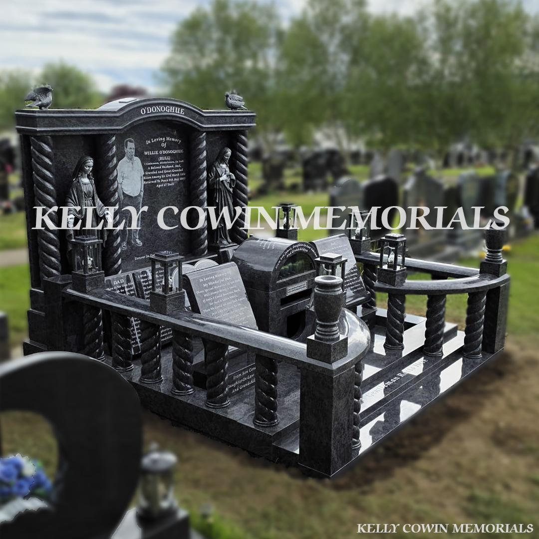 Side view of Blue Lagoon double plot memorial with kerbing, steps and lanterns