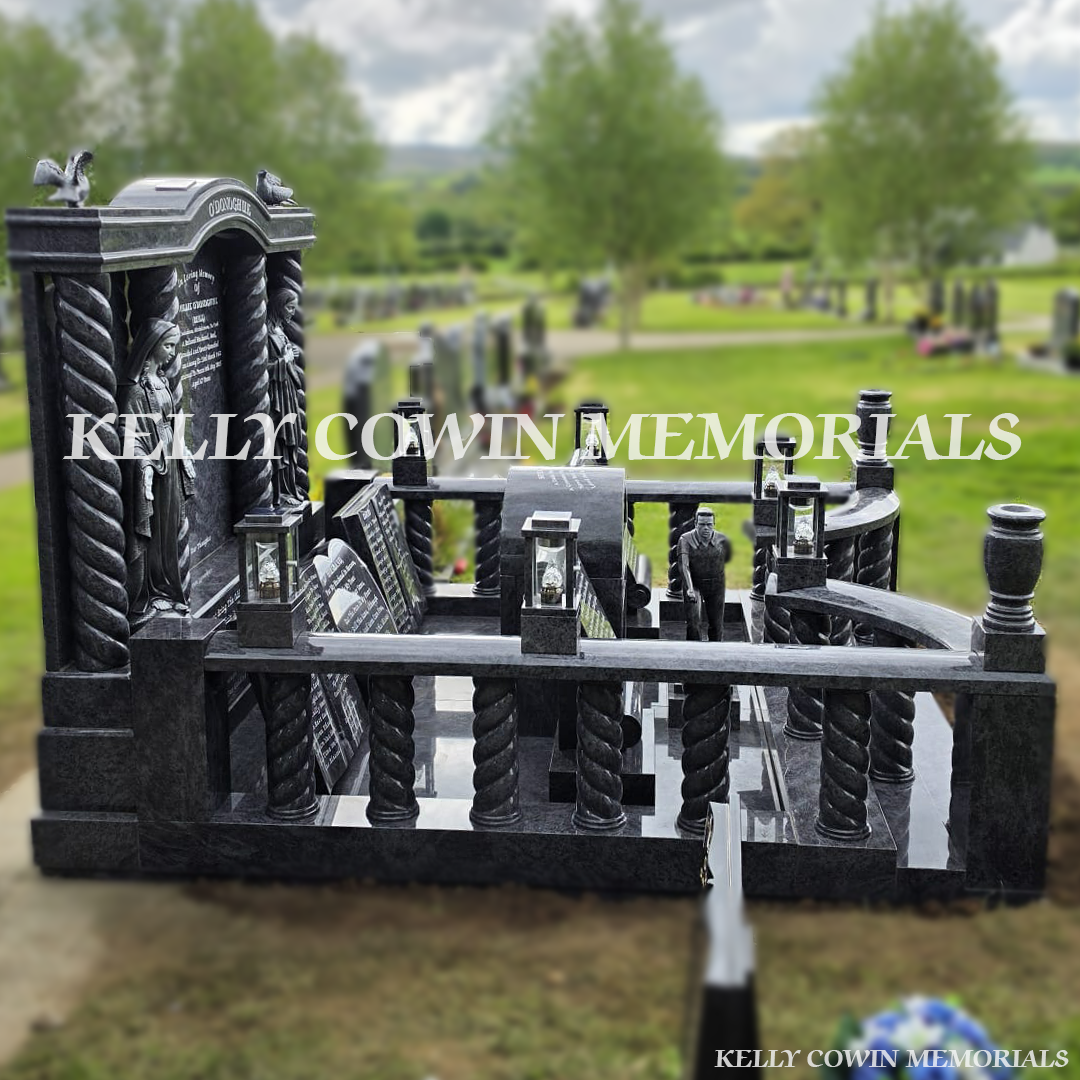 Side view of Blue Lagoon double plot memorial with kerbing, steps and lanterns