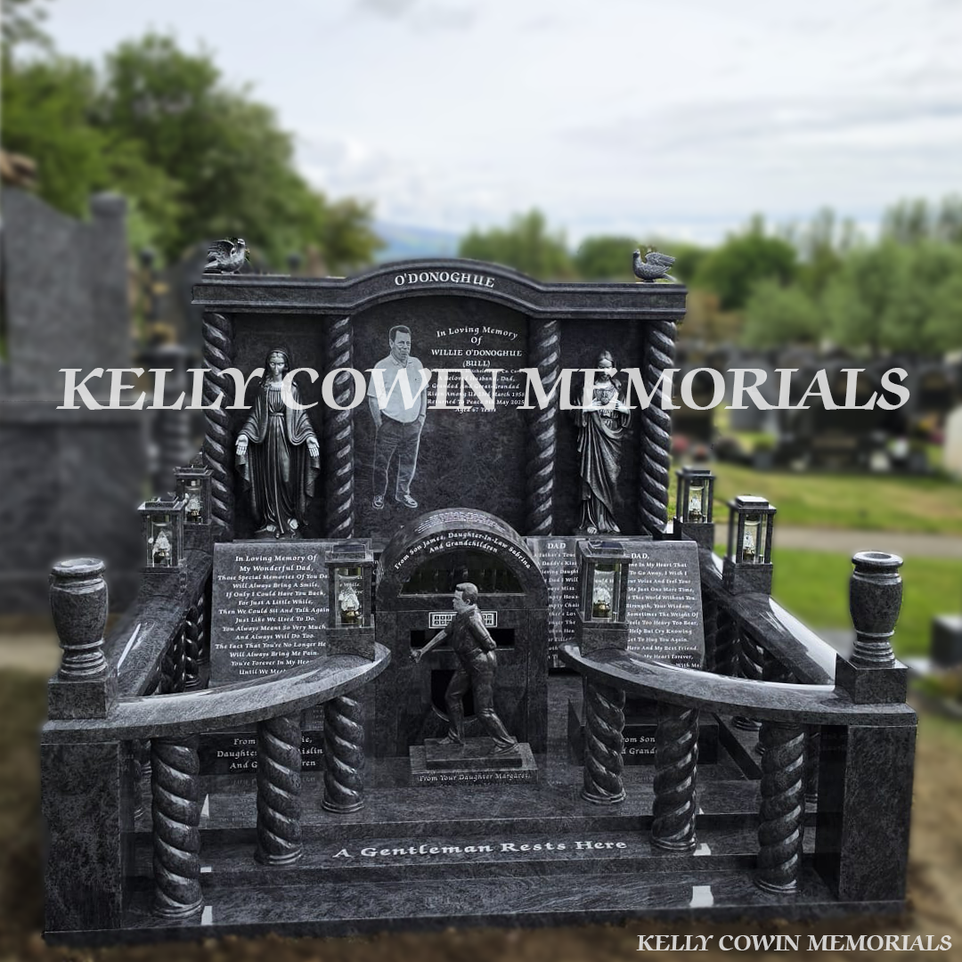 Front view of Blue Lagoon custom memorial with twisted pillars and silver statues in Cork cemetery