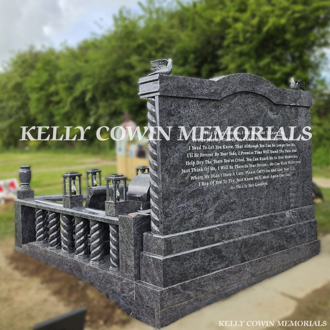 Back view of Blue Lagoon double plot memorial with kerbing, steps and lanterns