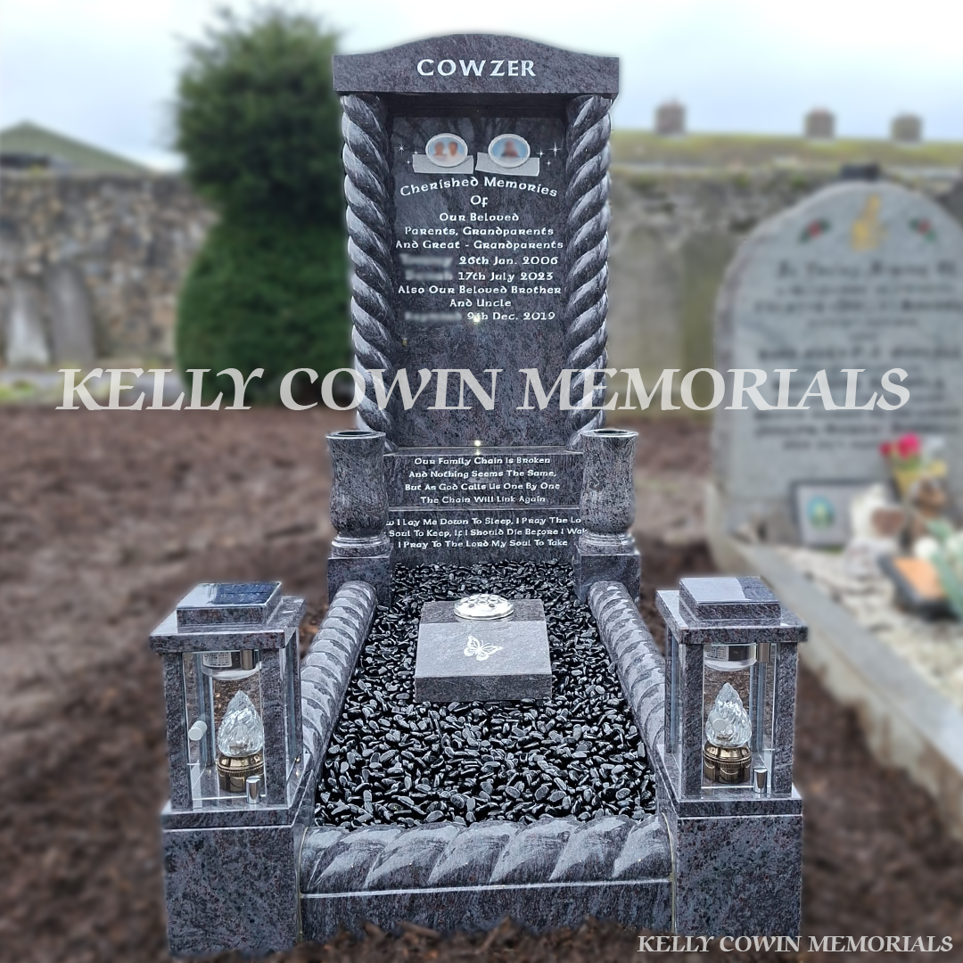 Blue Lagoon custom headstone with kerbing erected in Mount Jerome Cemetery Dublin by Kelly Cowin Memorials