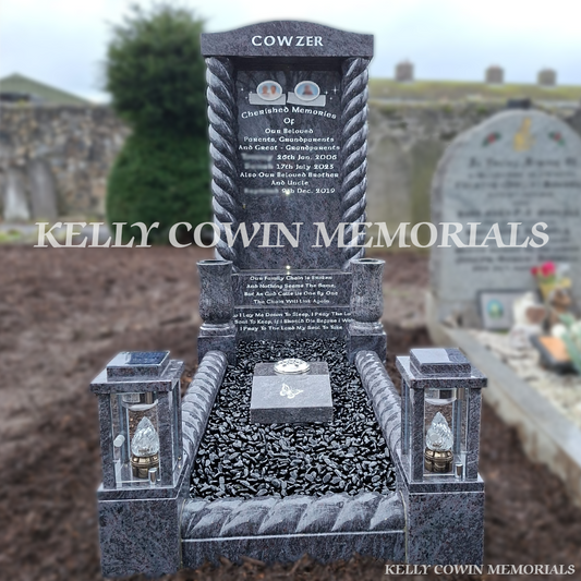 Blue Lagoon custom headstone with kerbing erected in Mount Jerome Cemetery Dublin by Kelly Cowin Memorials
