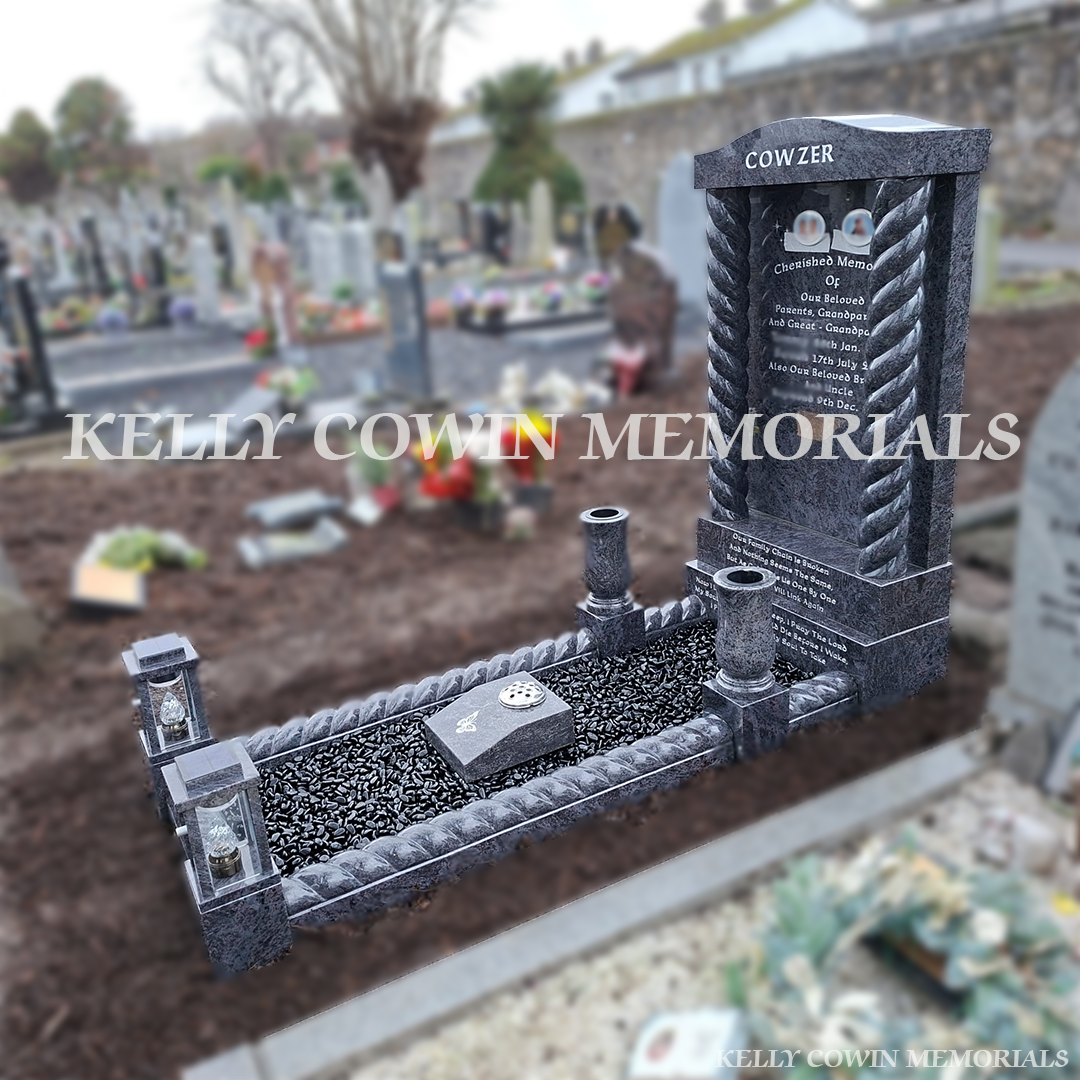 Side view of Blue Lagoon kerbed memorial with corner posts in Mount Jerome Cemetery Dublin