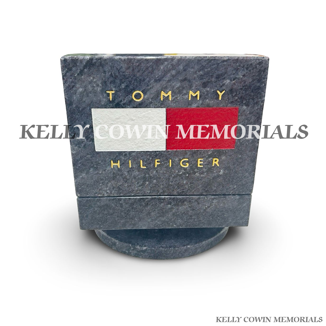 Back view of Blue Lagoon granite memorial watch ornament featuring a detailed Tommy Hilfiger style laser engraved watch image with 23.5-carat gold inscription, handcrafted by Kelly Cowin Memorials for personalised memorials across Dublin and Ireland.