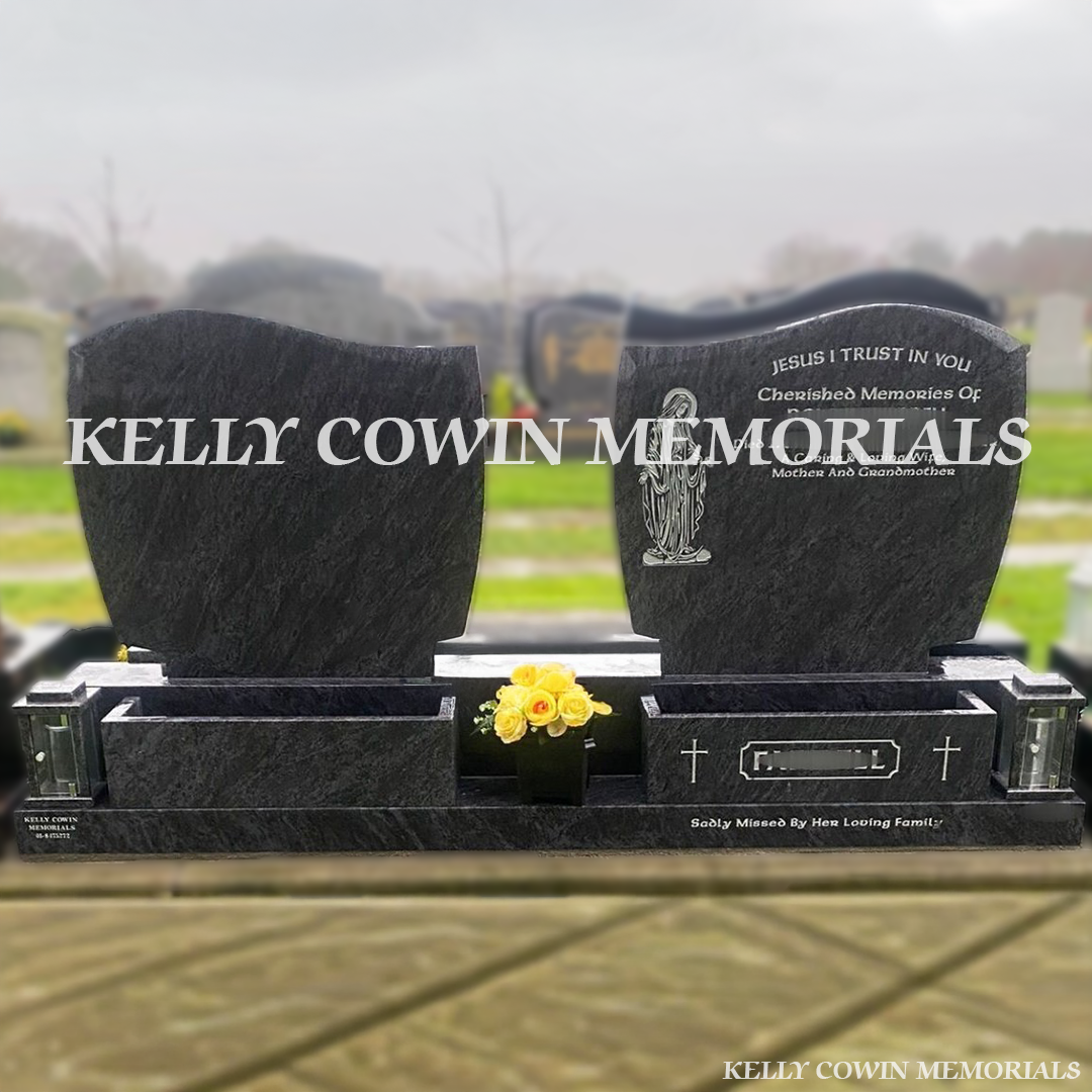 Front view of double Blue Lagoon C1 headstones with flower boxes and solar lanterns in Dardistown Cemetery Dublin
