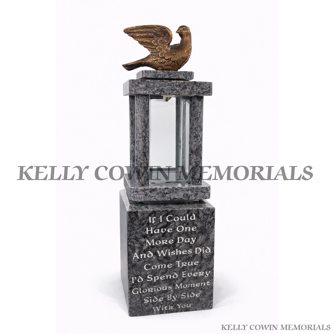  blue lagoon granite memorial lanterns on engraved block bases with bronze dove ornament. Available in Dublin with nationwide delivery across Ireland.