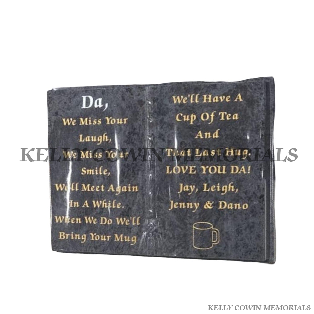 Blue Lagoon granite book memorial ornament for graves and headstones handcrafted in Dublin with nationwide delivery across Ireland