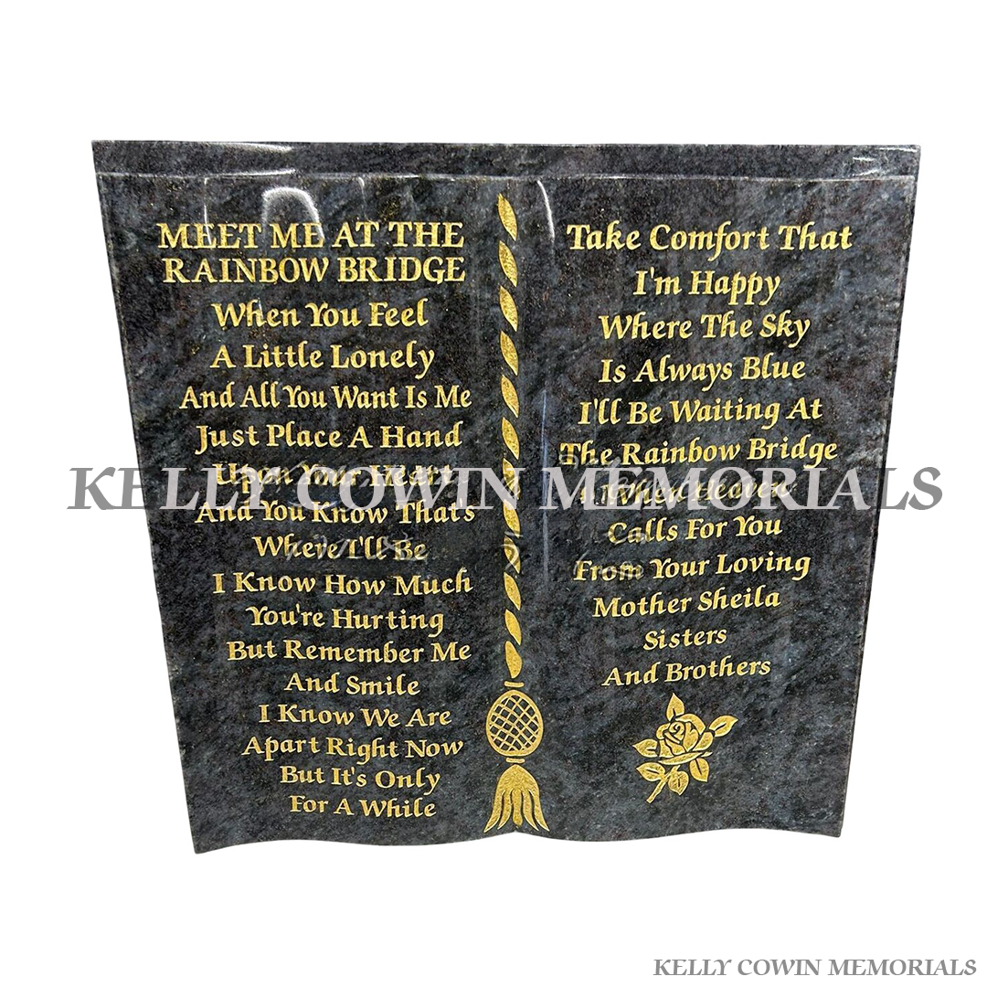 blue lagoon granite book memorial with gold engraved lettering personalised plaque Ireland