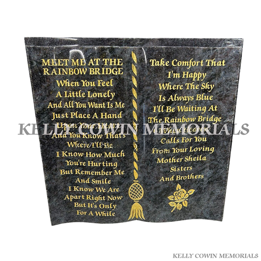 blue lagoon granite book memorial with gold engraved lettering personalised plaque Ireland