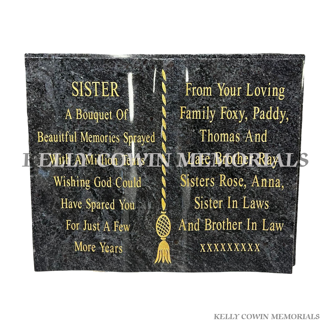 blue lagoon granite book memorial with gold engraved lettering personalised plaque Ireland