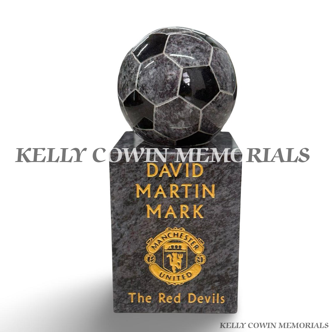 Blue Lagoon granite football memorial on block with personalised gold engraving and engraved football club crest in Ireland
