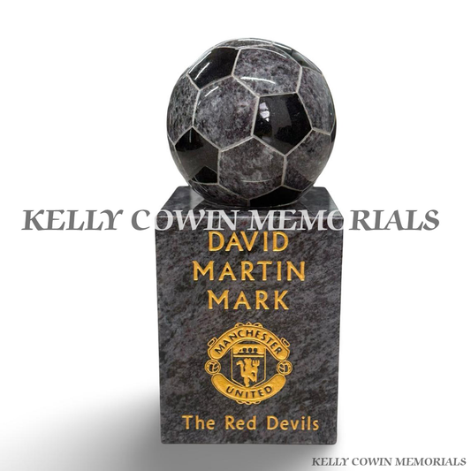 Blue Lagoon granite football memorial on block with personalised gold engraving and engraved football club crest in Ireland