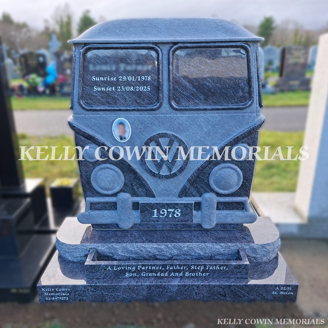 Front view of Blue Lagoon granite campervan style headstone with 9x12 oval ceramic photograph in Shanganagh Cemetery