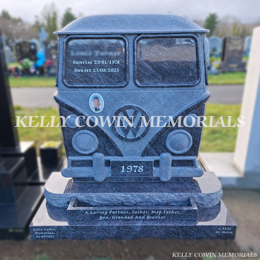 Front view of Blue Lagoon granite campervan style headstone with 9x12 oval ceramic photograph in Shanganagh Cemetery