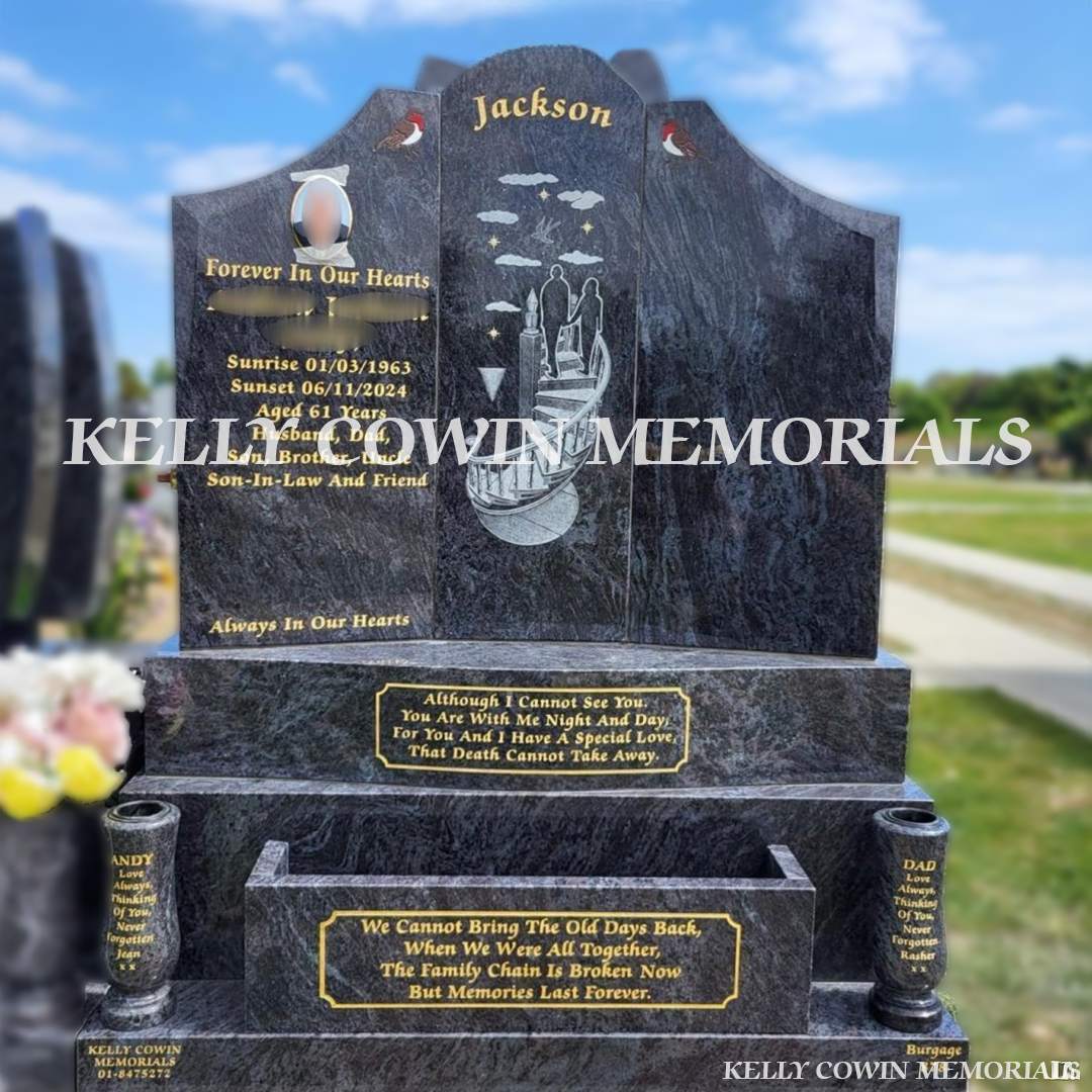 Front view of Blue Lagoon Gates of Heaven headstone with laser Stairway to Heaven detail and oval ceramic photograph in Balgriffin Cemetery Dublin