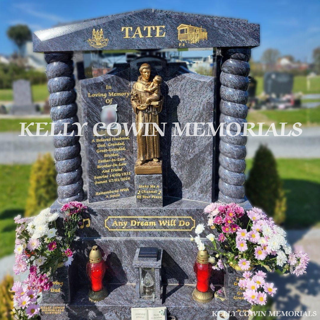 Front view of Blue Lagoon Gates of Heaven headstone with gold inscription and oval ceramic photograph in Dardistown Cemetery Dublin