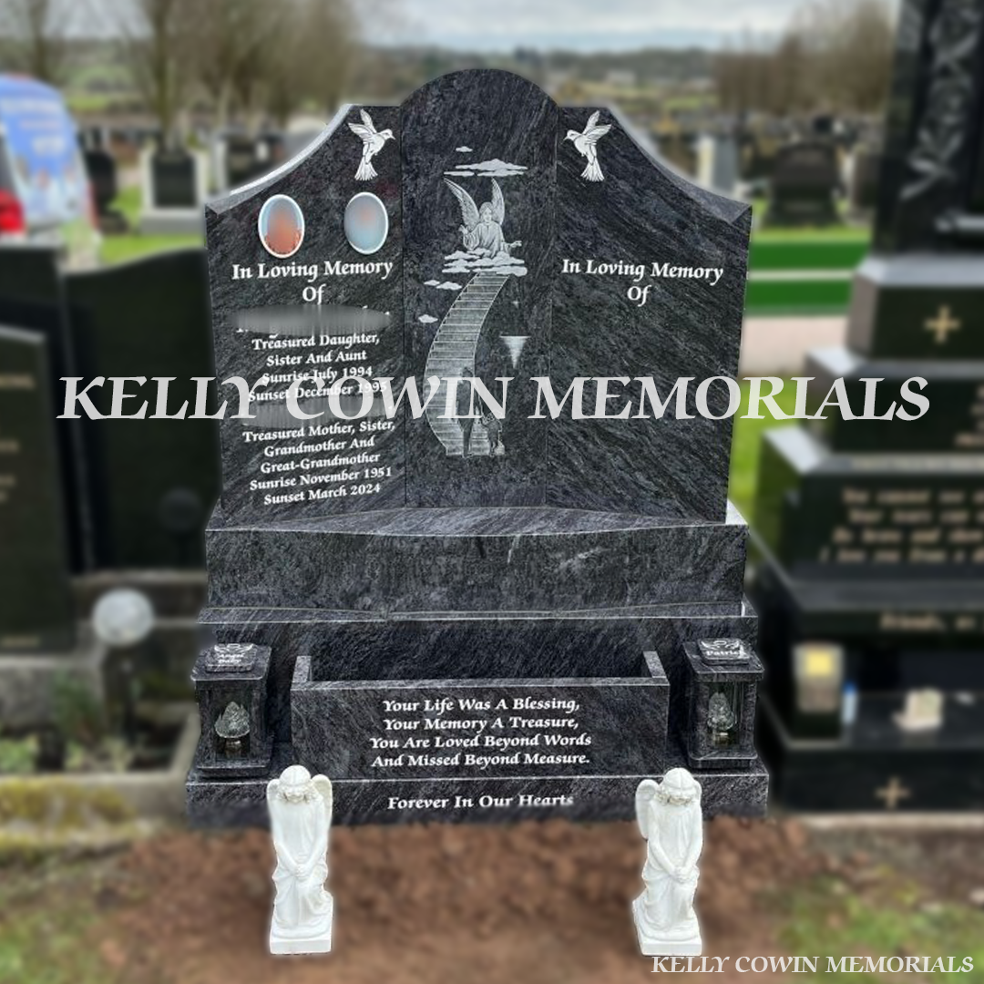 Front view of Blue Lagoon Gates of Heaven headstone with silver inscription in St. Catherine’s Cemetery Cork