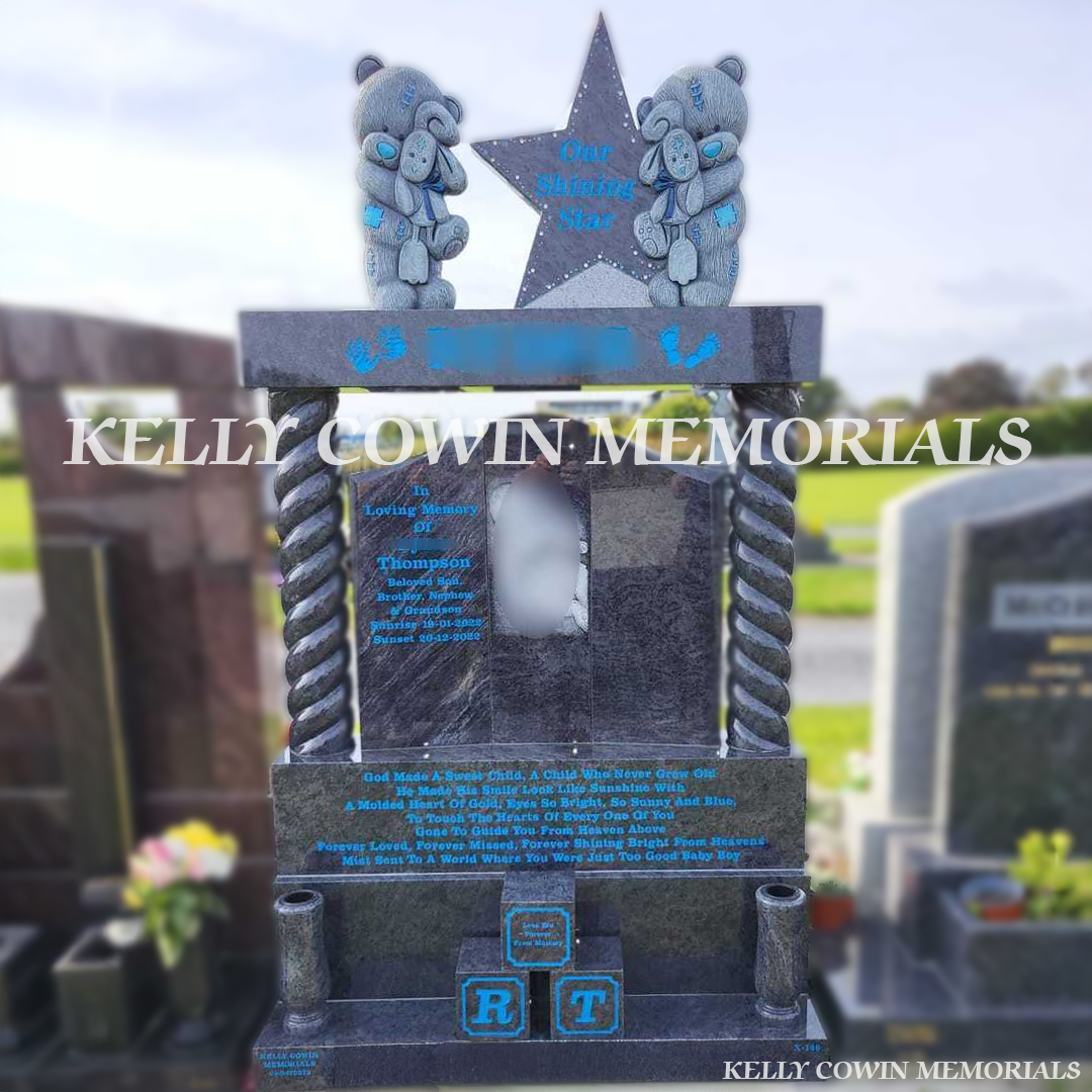 Front view of custom Blue Lagoon Gates of Heaven headstone with blue inscription and laser image in Dardistown Cemetery Dublin