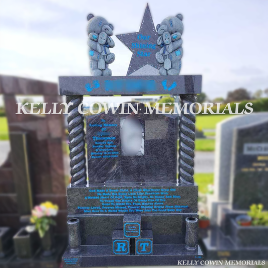 Front view of custom Blue Lagoon Gates of Heaven headstone with blue inscription and laser image in Dardistown Cemetery Dublin