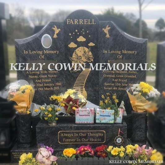 Front view of Blue Lagoon Gates of Heaven headstone with gold inscription and oval ceramic photograph in Dardistown Cemetery Dublin