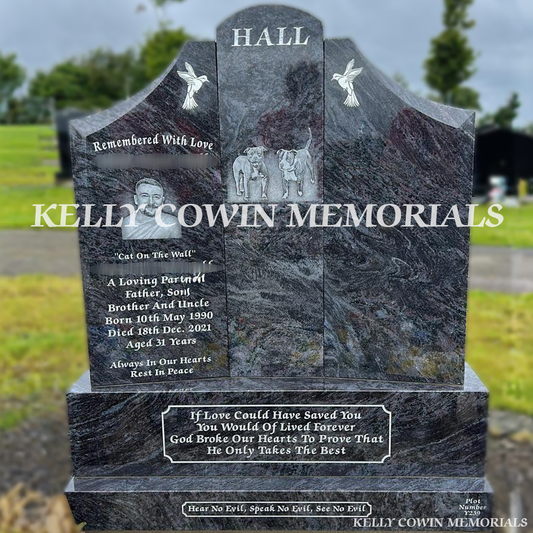 Front view of Blue Lagoon Gates of Heaven headstone with silver inscription and laser-etched images in Dardistown Cemetery Dublin