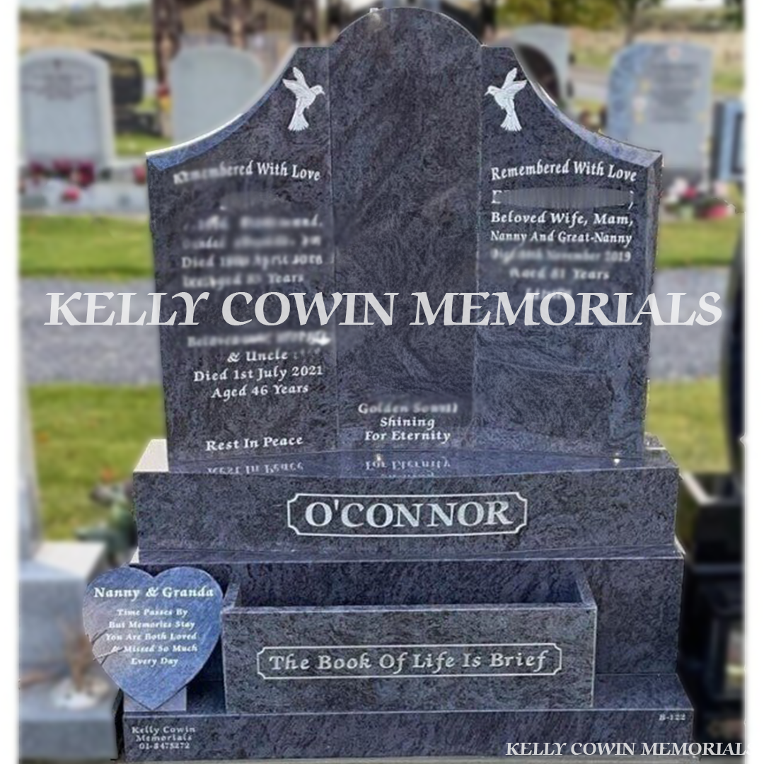 Front view of Blue Lagoon Gates of Heaven headstone with silver inscription and engraved granite heart in Dardistown Cemetery Dublin