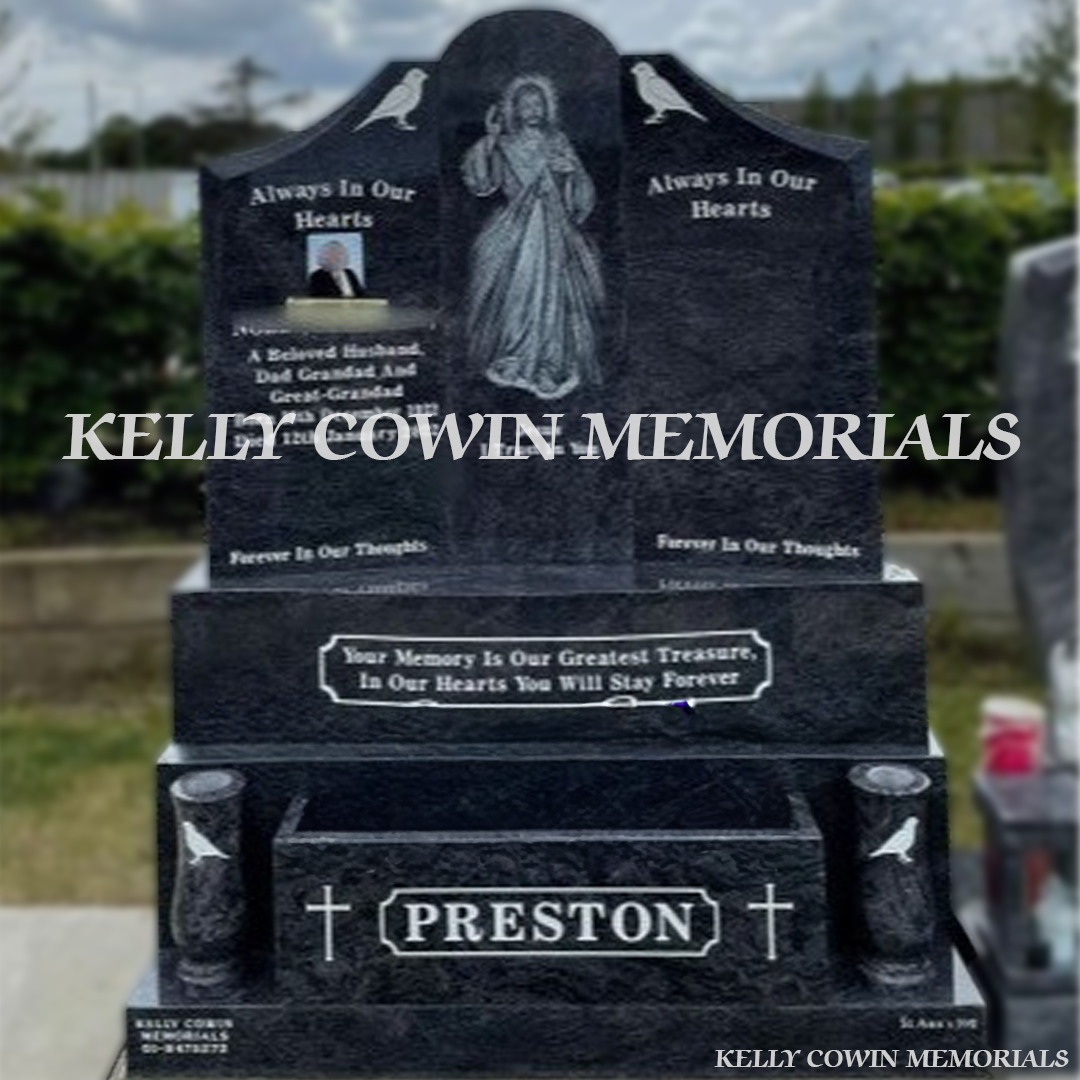 Front view of Blue Lagoon Gates of Heaven headstone with flower box erected in Dublin by Kelly Cowin Memorials