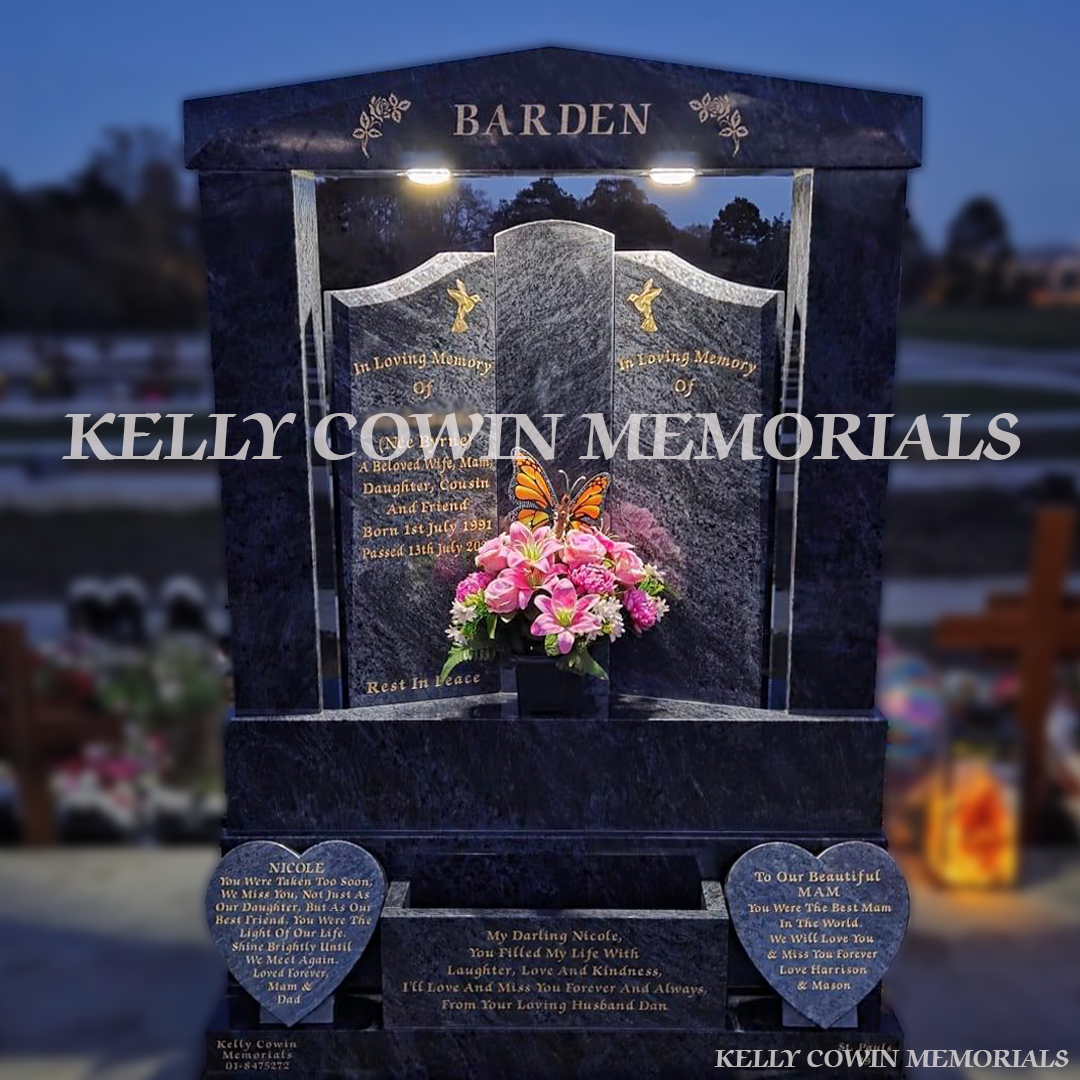Blue Lagoon Granite Gates of Heaven headstone with solar-lights in cap, flowerbox and gold leaf inscription installed in Balgriffin Cemetery by Kelly Cowin Memorials