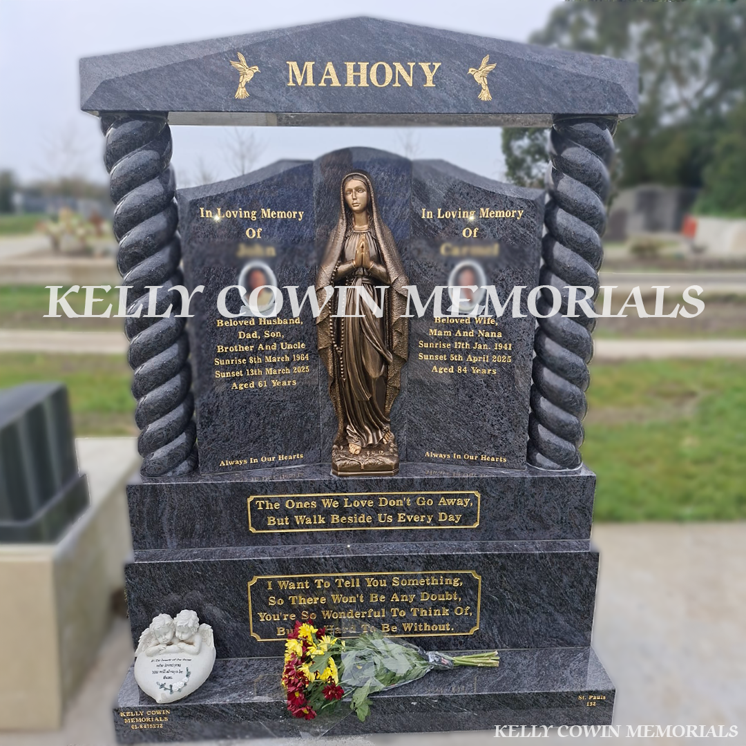 Blue Lagoon “Gates to Heaven” Headstone with Bronze Our Lady – Balgriffin Cemetery - Kelly Cowin Memorials