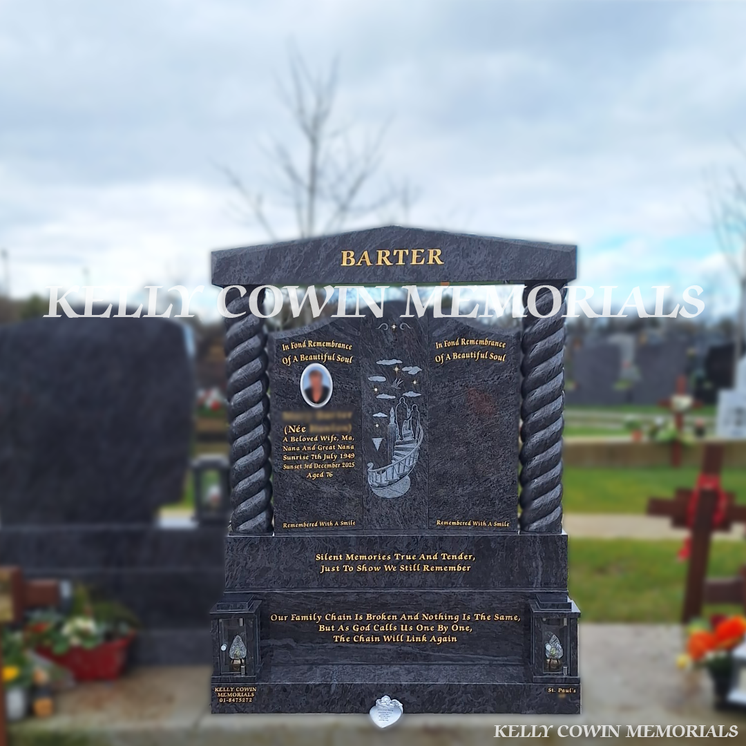 Front view of Blue Lagoon Gates of Heaven headstone with gold inscription in Balgriffin Cemetery