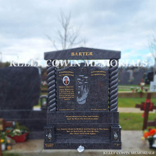 Front view of Blue Lagoon Gates of Heaven headstone with gold inscription in Balgriffin Cemetery