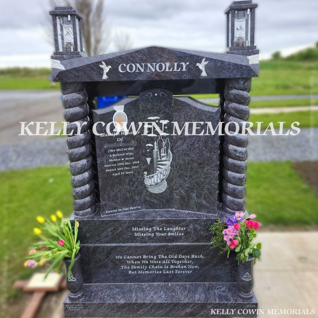 Front view of Blue Lagoon Gates of Heaven headstone with silver inscription and laser image in Dardistown Cemetery Dublin
