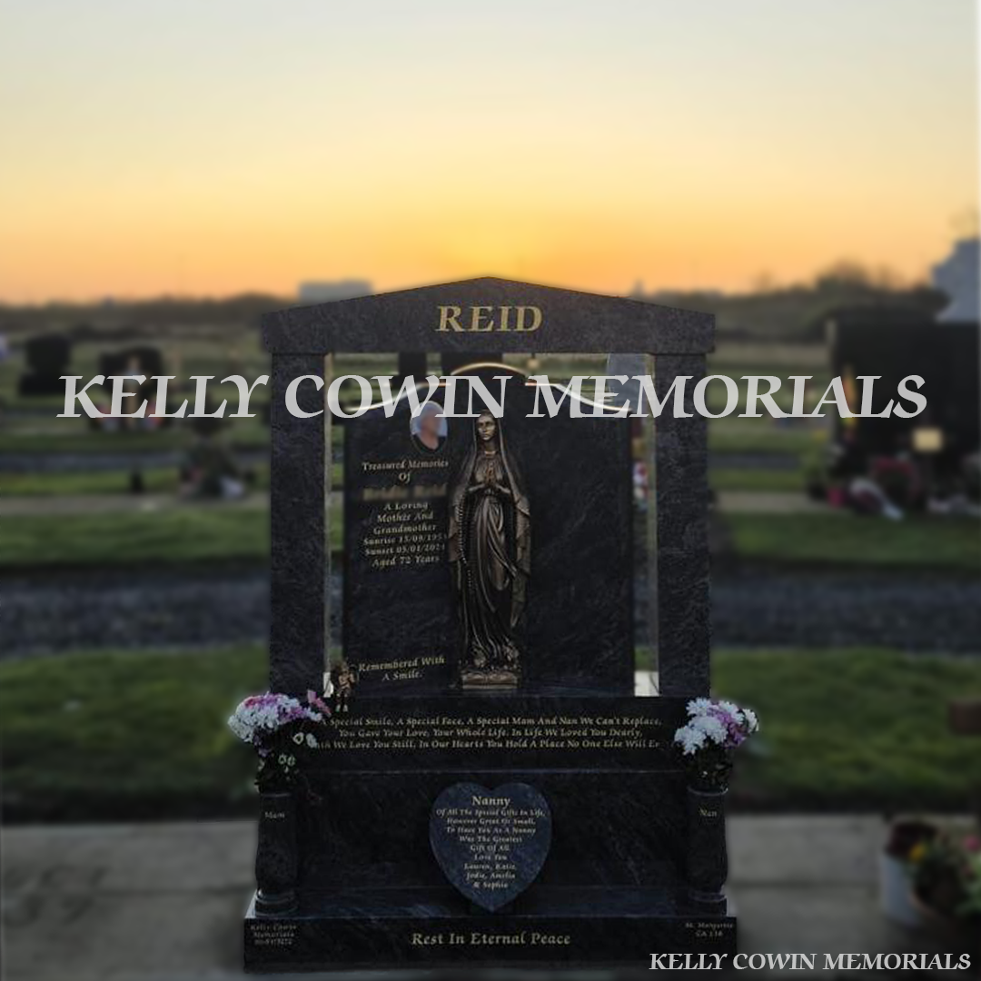 Blue Lagoon granite Gates of Heaven headstone with bronze Our Lady statue, gold leaf inscription, heart plaque and vases in Dardistown Cemetery