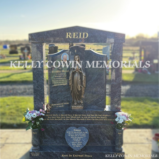 Blue Lagoon granite Gates of Heaven headstone with bronze Our Lady statue, gold leaf inscription, heart plaque and vases in Dardistown Cemetery