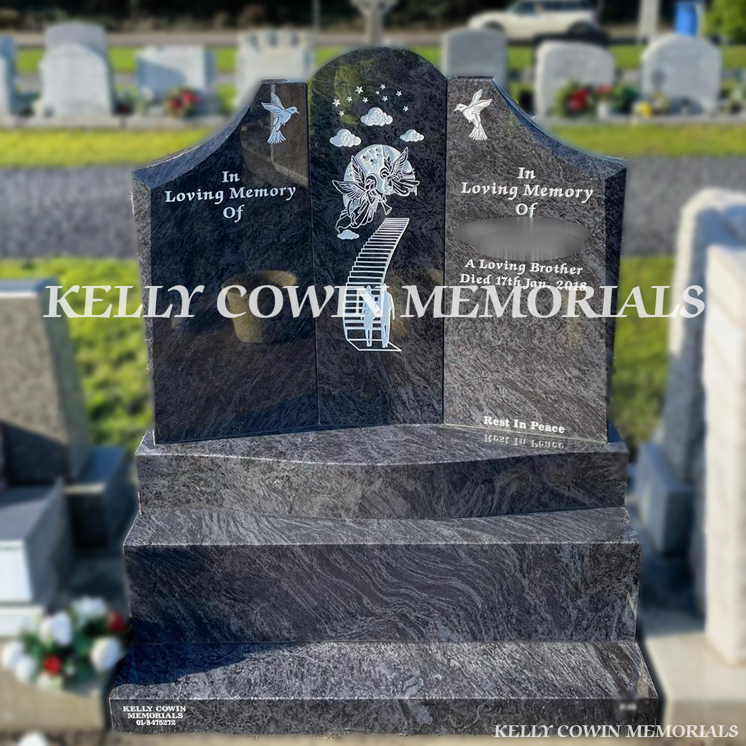 Front view of Blue Lagoon Gates of Heaven headstone with white inscription in Dardistown Cemetery Dublin