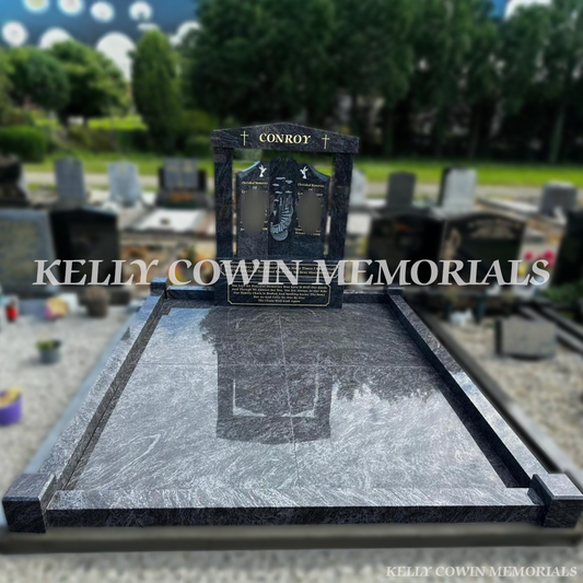 Blue Lagoon Gates of Heaven headstone with cap and pillars erected in Fingal Cemetery Dublin by Kelly Cowin Memorials