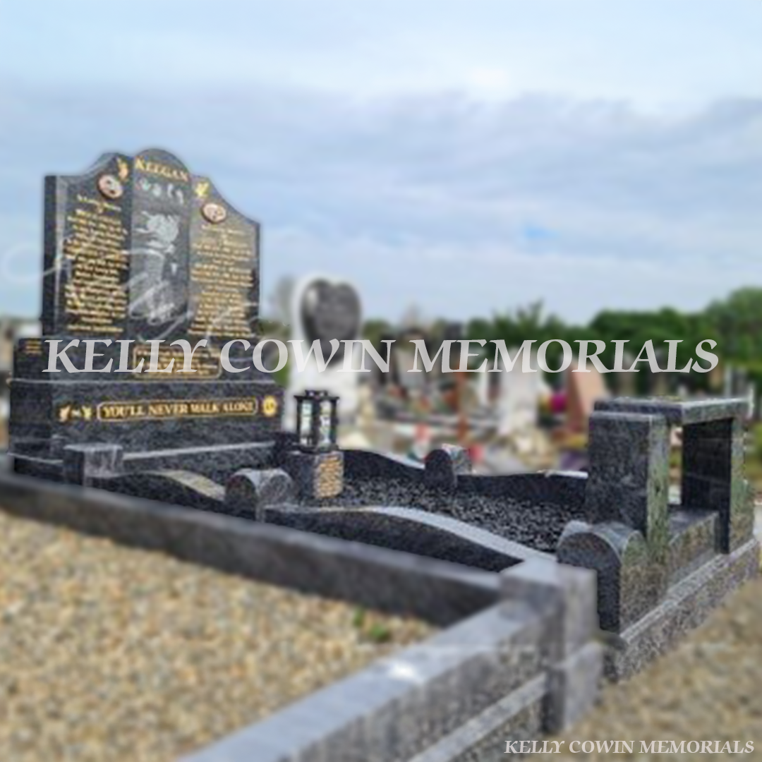 Side view of Blue Lagoon Gates of Heaven memorial with bench in Fingal Cemetery Dublin
